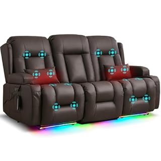 URRED Power Loveseat Recliner Sofa with Massage and Heat, Wall Hugger Reclining Loveseat with Console, RV Couch Home Theater Seating with LED Lights for Living Room (Dark Brown, 76.8" - 3 Seats)
