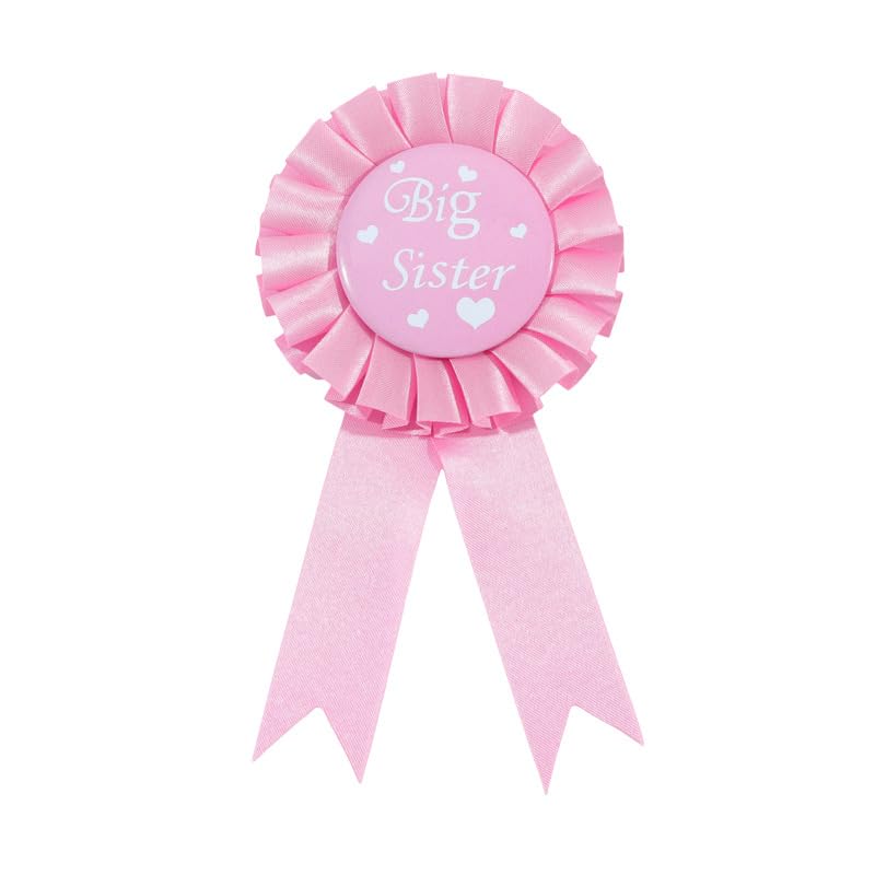 Image of Big Sister Tinplate Brooch Pins For Women Pink Blue Chiffon Flower Satin Sash Happy Birthday Button Pin Sibling Announcements Party Favors Jewelry