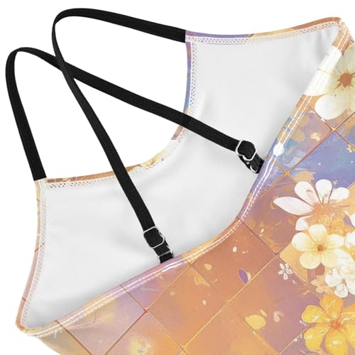 KLL Retro Checker Board Groovy Flower Oil Painting Toddler Girl 1 Piece Swim Suit Summer Swimming Suits Adjustable4