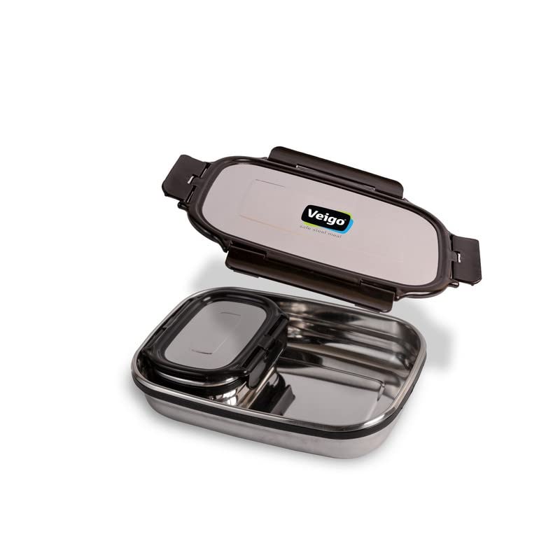 Veigo Stainless Steel 1130ml Lunch Box - 2 Black Containers (1 Lunch Box Set (950ml + 180ml)) | Leakage Proof Tiffin| Lunch Box for School | Jumbo+Veg Box