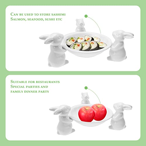 Cupcake Decorating Round White Ceramic Fruit Bowl: Bunny Candy Dish Three Rabbit Design Salad Bowl Cake Display Plate Spring Party Tableware Porcelain Snack Dessert Bowls Cupcake Toppers #TOP5