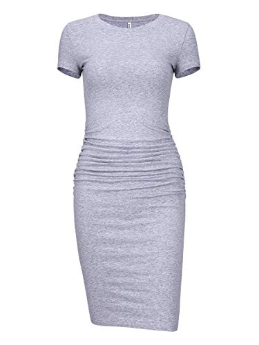 Laughido Women's Ruched Casual Plain Sundress Short Sleeve Knee Length Sheath Bodycon T Shirt Dress Gray #TOP2