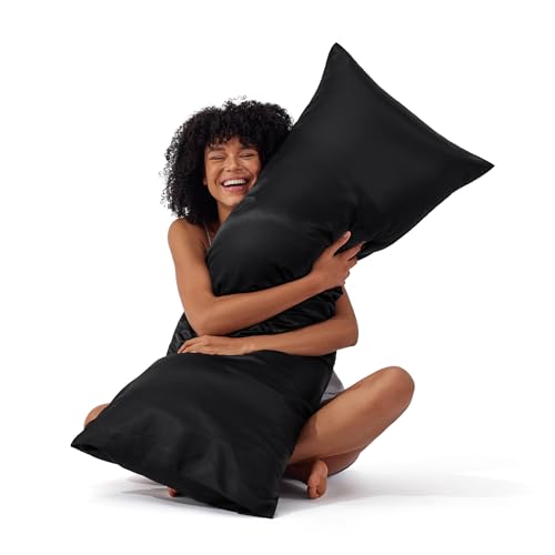 Image of Bedsure Body Pillow Pillowcase - Cooling and Silky Long Body Pillow Covers with Envelope Closure, Satin Similar to Silk Pillowcase for Hair and Skin,Black,20x54 Inches