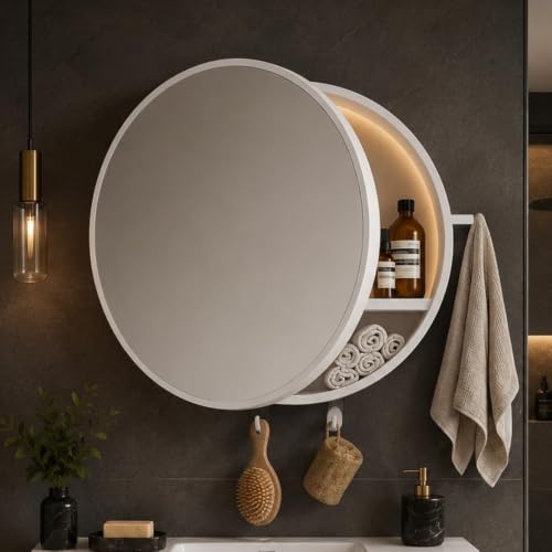 Image of BRANCO Bathroom Cabinet with Mirror | Storage Organiser | Strong Plastic Bathroom Shelves Wall Mounted | Mirror Cabinet (Round)