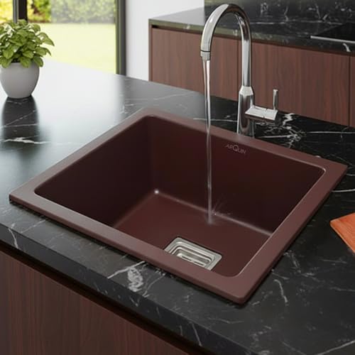 Image of ARQUIN Quartz Kitchen Sink 18x16x9 Inch Brown | Single Bowl Sink | Durable & Scratch-Resistant | Undermount /Topmount Including Coupling, Waste Pipe & Fruit Washing Basket