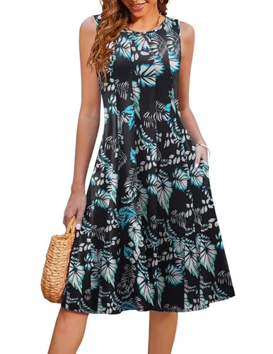 Image of HOTOUCH Summer Casual Dresses for Women Sleeveless Midi Dress Swing Tank Sundress Pleated Tshirt Dress with Pockets