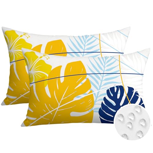 OTOSTAR Outdoor Waterproof Throw Pillow Covers 16x24 Inch Set of 2 Double-Sided Yellow Blue Tropical Leaf and Flower Spring Summer Decorative Pillow Cases for Patio Funiture Garden Tent Balcony Couch