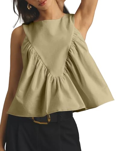 Shiyifa Damen-Babydoll-Top mit Schößchen, gerafft, schwingend, plissiert, fließend, lockere Passform, gerüschte Westen, Grün , Mittel