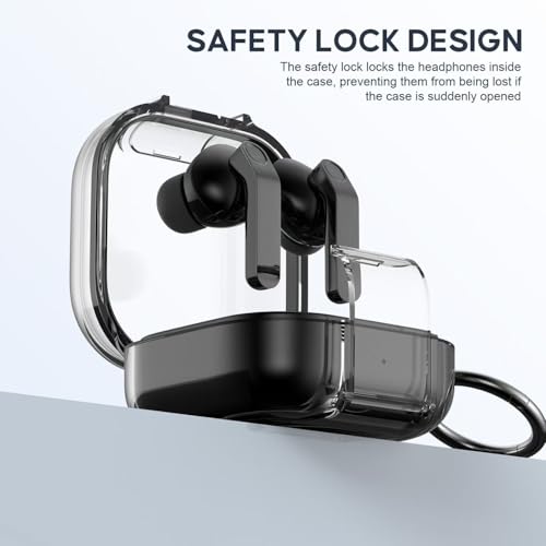 Image of Hybrid Transparent Case for Samsung Galaxy Buds 4 and 4 Pro with Metal Keyring, Built-in Phone Stand, Locking-Switch Cover (Transparent Black, Clear Lock with Stand)