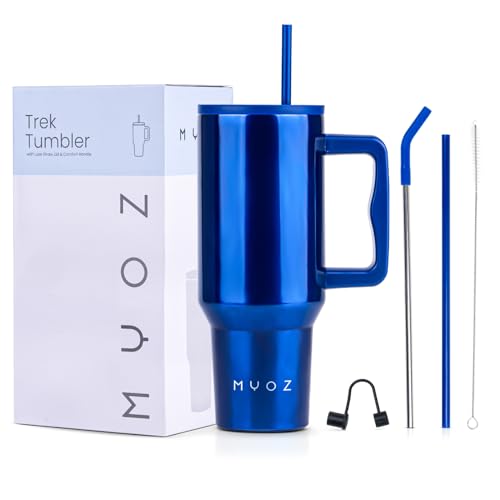 Image of MYOZ 1200ML Stainless Steel Insulated Tumbler Water Mug with Lid, 2 Straws Hot & Cold Iced Coffee Cup, Double Wall Leak-Proof Cupholder for Gym, Travelling Spill-Proof Bottle (Electric Blue)