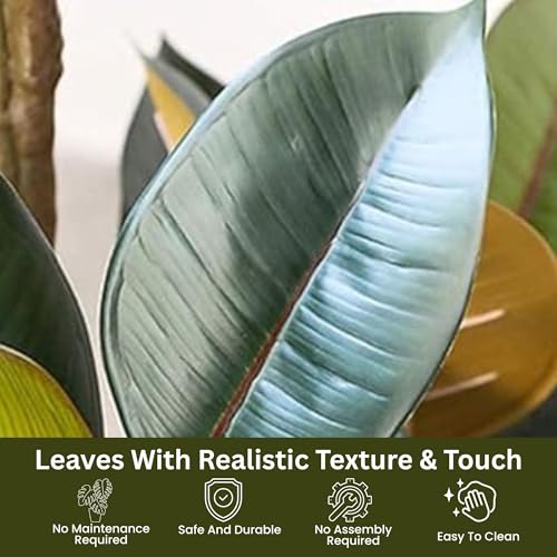 Image of Kayra Decor Artificial Rubber Plant 4ft with Pot - Ficus Elastica Tree | Faux Indoor Plant for Living Room, Office, Balcony & Home Decor
