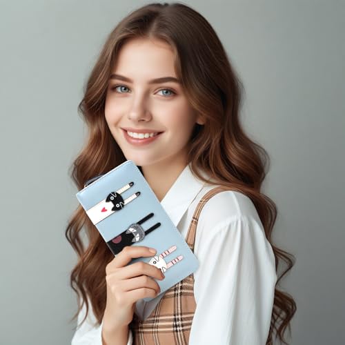 KOTORA Cute Wallet for Women Girls Long Bifold Clutch Bag Mini Cat Embroidery Zip Around Card Holder Coin Purse (Wathet)3