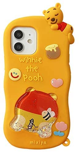 Thick Soft Silicone Glitter Liquid Flowing Squeeze Case with Charm for Apple Walt Disney Disneyland 3D Cartoon Anime Character Cute Lovely Fun Funny Kids Girls (Yellow Winnie The Pooh, for iPhone 11)
