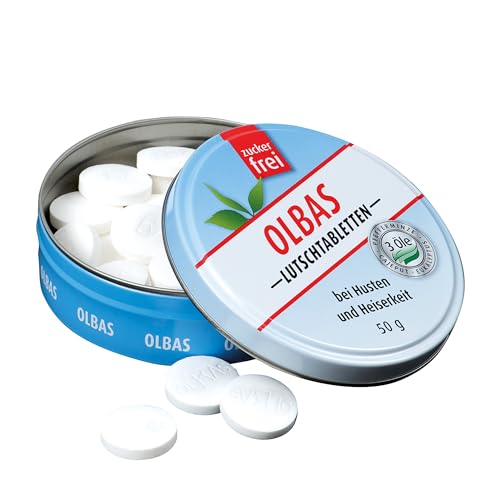 Olbas - Lutschtabletten zuckerfrei - bei Husten und Heiserkeit - 3 Öle (Pfefferminz Cajeput Eukalyptus) - 1x 50 g Dose