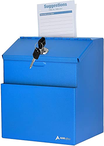 Image of Adir Wall Mountable Steel Suggestion Box with Lock - Donation Box - Collection Box - Ballot Box - Key Drop Box (Blue) with 25 Suggestion Cards