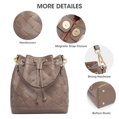 Kattee Woven Genuine Leather Bucket Bags For Women, Drawstring Crossbody Hobo Purses And Shoulder Handbags With 2 Detachable Straps thumb #5