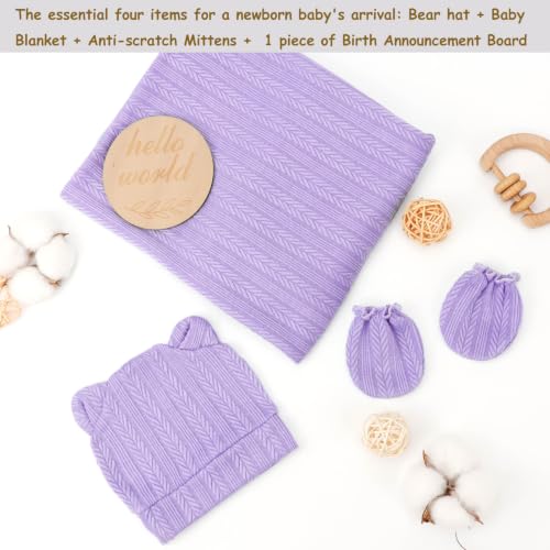 Image of DRESHOW BQUBO Newborn Receiving Blankets for Baby Girl Boy Swaddle with Bear Hat No Scratch Mittens Announcement Card Set for 0-3 Months
