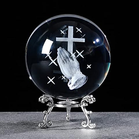 Ornalrist 3D Crystal Ball Engraved Praying in Hand with a Cross Religious Gifts for Women, Glass Sphere with Silver Base Home Decor Figurine Paperweight Christian Gifts for Friends Cover