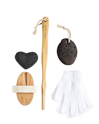 Dry Brushing Body Brush - Exfoliation brush set- With Pumice stone, Exfoliating gloves, Konjac sponge & back scrubber with natural bristles- Great for Rejuvenation & Circulation Beauty