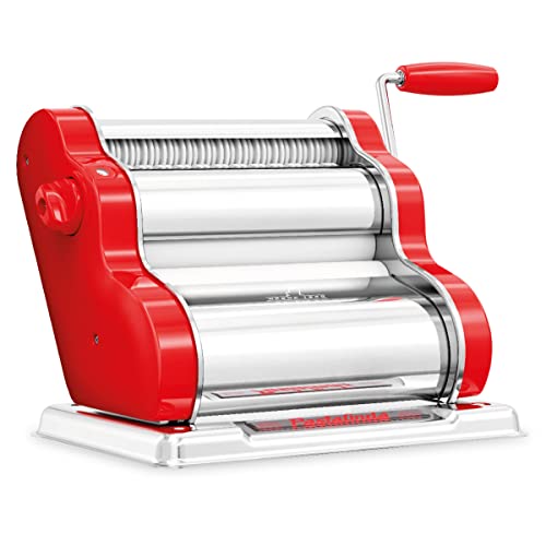PASTALINDA Classic 200 Pasta Maker Machine, 20 cm Wide Rollers, 9 Thickness Positions, 2 Cutting Positions, Stainless Steel. Includes Reinforced Hand Crank And Two Clamps (Red)