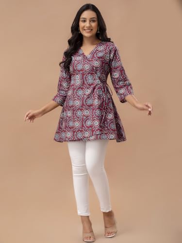 Image of feranoid Floral Print Angrakha 3 Sleeves Flared Kurti