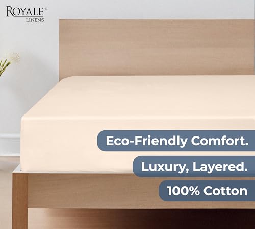 Image of Royale Linens 100% Organic Cotton Fitted Sheet - Percale Weave - Super Soft Deep Pocket Bottom Sheets - Cream Elastic Sheet King Size - King Fitted Sheets Only - (78 inchx80 inch+15 inch, Cream)