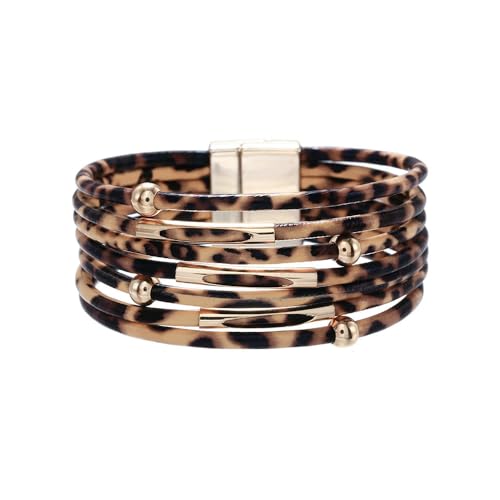 Caiyao Simple Beaded Leather Wrap Bracelets for Women Leopard Print Trendy Layered Stackable Buckle Bohemian Wrist Cuff Bangle Jewelry