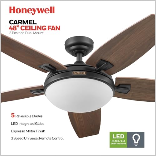 Image of Honeywell Ceiling Fans Carmel, 48 Inch Contemporary Indoor LED Ceiling Fan with Light, Remote Control, Dual Mounting Options, Dual Finish Blades, Reversible Motor - 50197-01 (Bronze)
