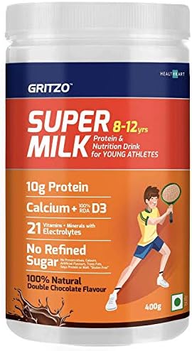 Zeeke Gritzo SuperMilk 8-12y Kids Nutrition Drink and Protein Powder for Kids Growth & Sports : Whey Protein, Calcium + D3, 21 Nutrients, Zero Refined Sugar, 100% Natural Double Chocolate Flavor 400g