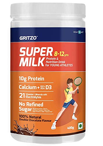 Zeeke Gritzo Supermilk 8-12Y Kids Nutrition Drink And Protein Powder For Kids Growth & Sports : Whey Protein, Calcium + D3, 21 Nutrients, Zero Refined Sugar, 100% Natural Double Chocolate Flavor 400G #TOP2