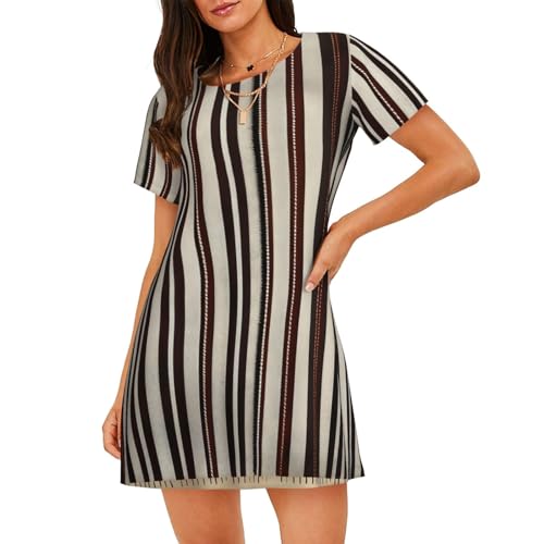 Chemise de nuit légère manches courtes femme vêtement de nuit respirant imprimé rayures marron