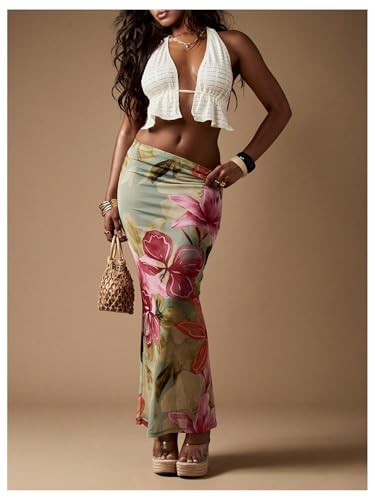 WDIRARA Women's Floral Maxi Beach Skirt Bodycon Long Cover Up Skirts Mesh See Through for Vacation2