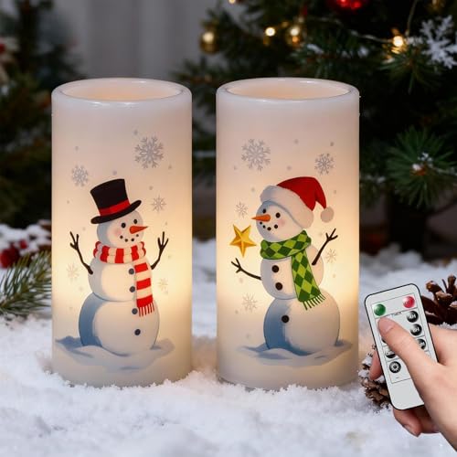 Eldnacele Christmas Snowman Flameless Candles Battery Operated with Remote and