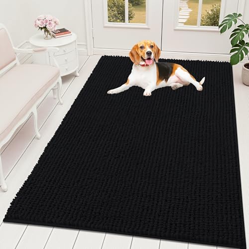 OLANLY Dog Door Mat for Muddy Paws 59x35, Ultra Absorbent Chenille Mud Doormat, Non-Slip Washable and Dirt Trapping Doormat for Indoor Entryway, Quick-Dry Indoor Pet Bed Mats for Dogs, Black