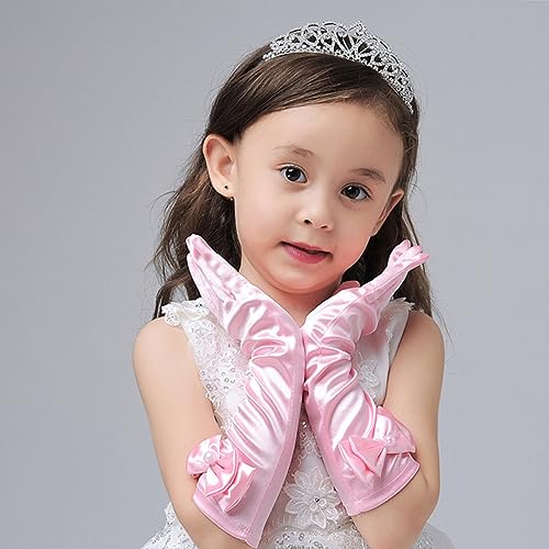 Beaupretty 1Set Satin Dress Up Gloves White Pink Light Blue for Weddings Parties Dress Up with Cute Bowknot Design2