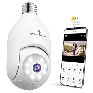 SYMYNELEC Light Bulb Security Camera Outdoor Weatherproof 2K, 2.4GHz Only Wireless WiFi Light Socket Security Cam 360 Motion Detection Tracking Color Night Vision 2 Way Talk Works with Alexa Google