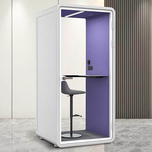Cabina de sonido de oficina con privacidad acústica - Cabina portátil insonorizada con estructura blanca y esquinas curvas, sala con placa de acero insonorizante y luz, interior púrpura para estudio (42.52 pulgadas) miniatura 1