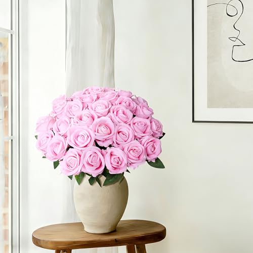 Image of 50 PCS Pink Roses Artificial Flowers, Real Looking Fake Roses with Long Stems Silk Flowers for DIY Wedding Bouquet Party Celebration Home Bridal Shower Decoration Valentine's Day Gift for Her Wife