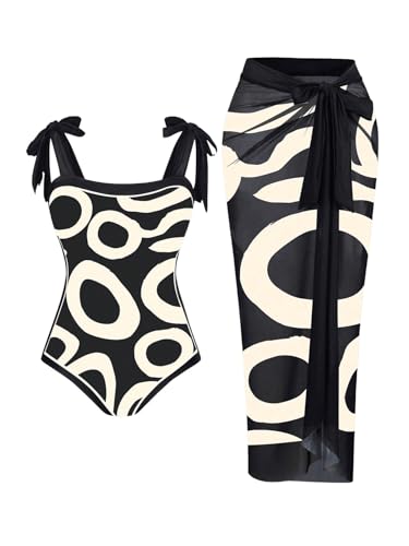 Floerns Traje de baño de una Pieza para Mujer, Talla Grande, con Lazo en el Hombro y Falda, Negro -, XXL Más