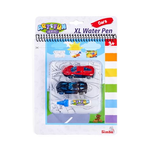Simba Art und Fun XL Water Pen Cars, Libro da colorare, 2 Veicoli da 7 cm, Pennello ad Acqua, 4 Lati magici 19 x 22 cm, a Partire dai 3 Anni in su