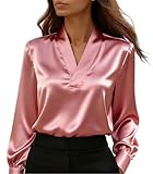 LCDIUDIU Satinseiden-Tops für Damen,langärmelige Seidenblusen mit V-Ausschnitt,kragenlose...