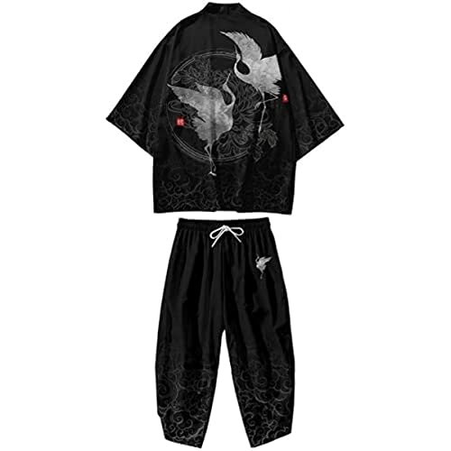Men's Japanese Style Kimono Tops Pants Sets Chinese Robes Kimono Pajamas Suit Seven Sleeves Cardigan & Shorts