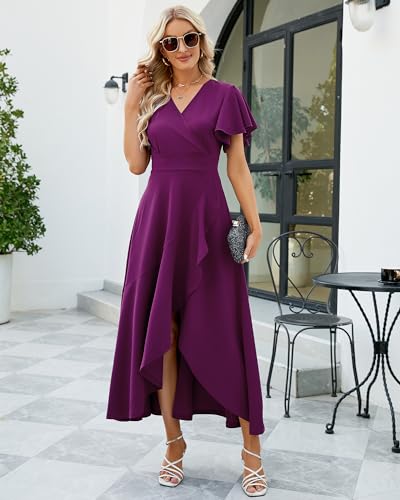 Image of Long Black Formal Dresses for Women Gowns Evening Party Cocktail Dress,Split Elegant V Neck Wrap Ruffle Wedding Guest Dresses