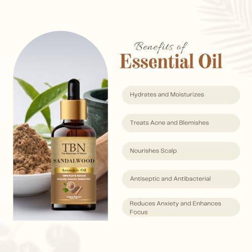 Image of TBN 100% Pure and Natural Sandalwood Essential Oil For Skin and Bathing | Used in Diffusers, Soap Making, Fragrance, Spiritual Rituals - 15ML
