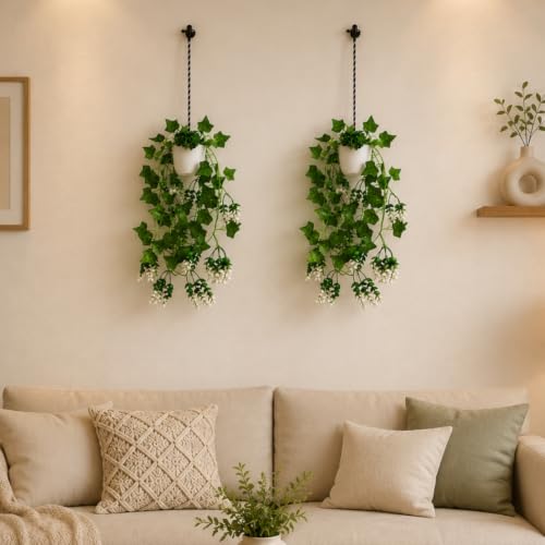 Image of fancymart Artificial Hanging Ivy Plant with White Hanging Pot & Rope, 60 cm Height, Pack of 2, Realistic Green Leaf Creeper for Home, Office, Living Room & Wall Decor