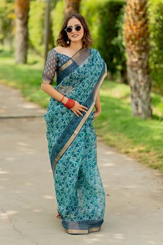 Image of MIRCHI FASHION Kota Doria Cotton Saree with Blouse Piece | Leaf Floral Printed Saree for Women | Traditional Ethnic Daily Wear Summer Saree