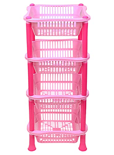 Image of Kuber Industries Plastic 4-Tier Multi-Purpose Square Storage Basket, Organizer, Shelf Rack (Pink)-50KM01717