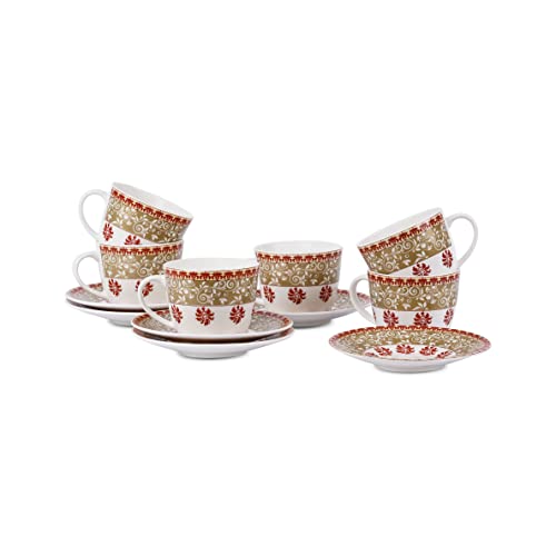 Image of Dandy Lines Royal Cup & Saucer, Udaipur, Luxury Tea Set for Elegant Gatherings, Ceramic, Pack of 6, Microwave & Dishwasher Safe, Great for Hosting & Gifting