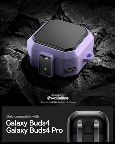 Image of Safety Lock Case for Samsung Galaxy Buds 4 Pro /4 (Purple) | Compatible with MagSafe,with Cleaning Kit & Keychain,Mecha Protective Case