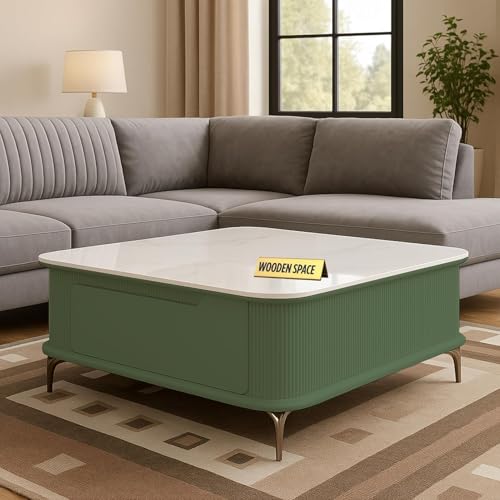 Image of WOODEN SPACE Premium Solo Marble-Top Wooden Center Table for Living Room | Iron Legs | PVD Coating | Modern Entryway Furniture | Coffee Table (Light Green)